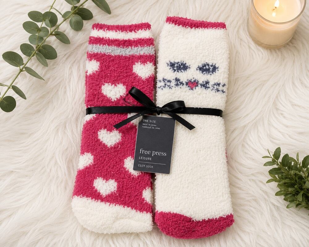 Free Press Patterned Micro Crew Fuzzy Socks 2 Pack Pink Hearts Kitty Cozy OS NWT
